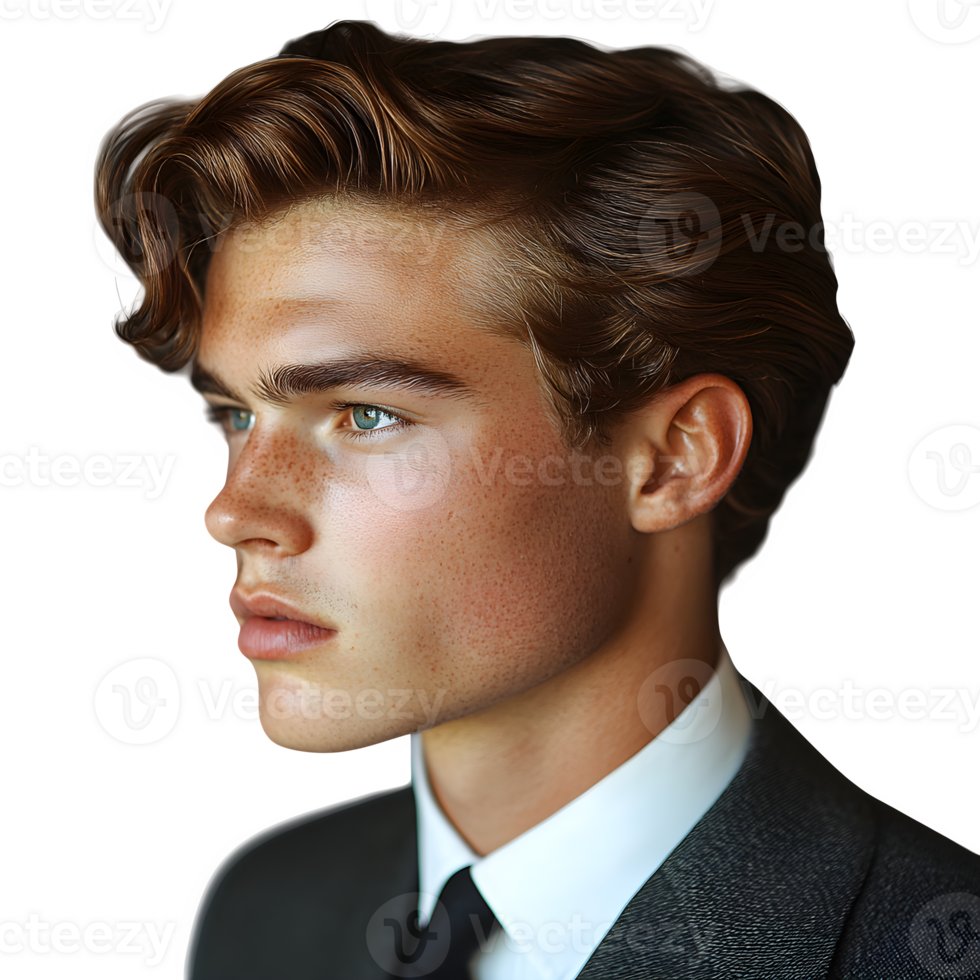 Young Man with Freckles and Stylish Hair in a Suit against a Transparent Background png