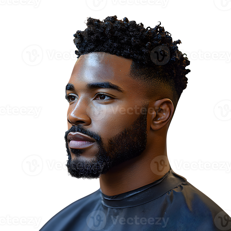 Stylish Black Man with a Short Curly Haircut and Beard Posing Against a Transparent Background png