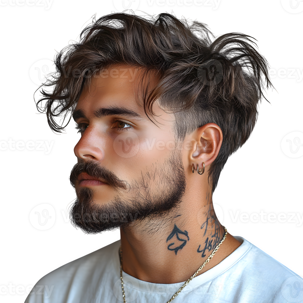 Stylish Man with Wavy Hair Beard and Neck Tattoo Profile Portrait png