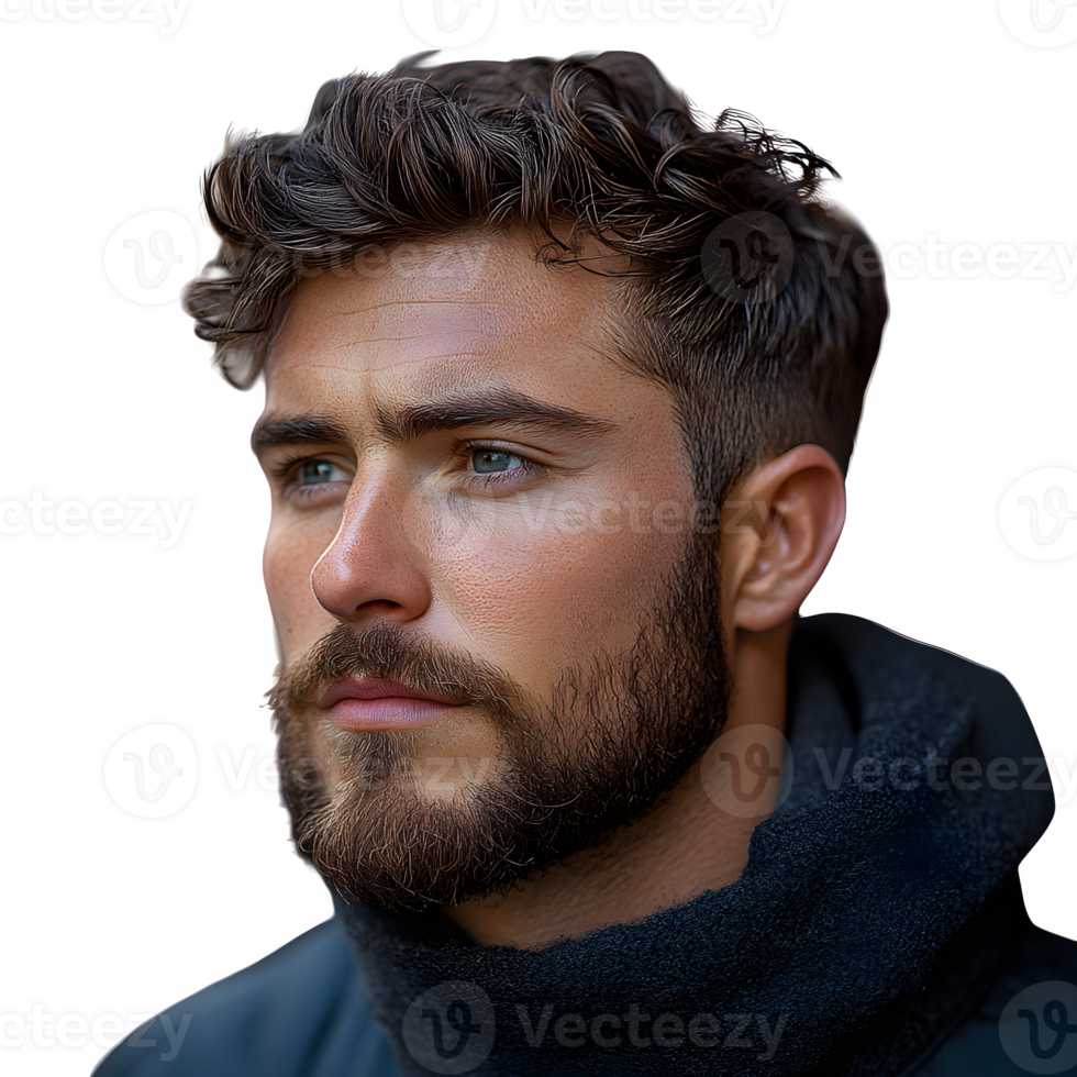 Handsome Man with Wavy Brown Hair and Beard Profile Portrait png