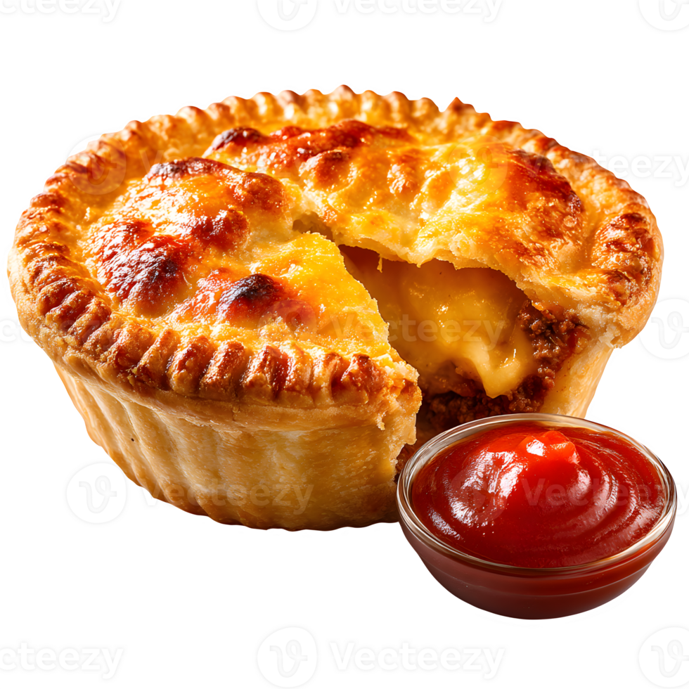 A pie with a slice missing and a sauce png
