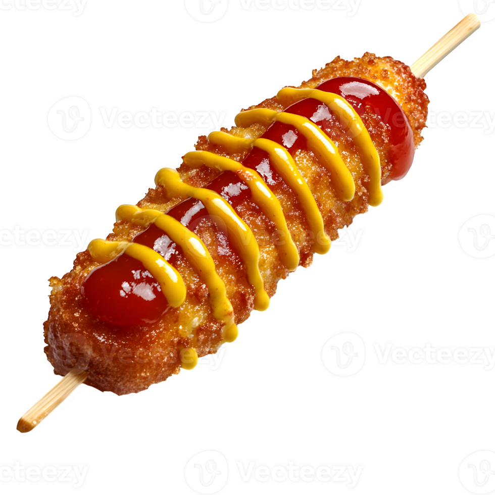 A hot dog on a stick with mustard and ketchup png