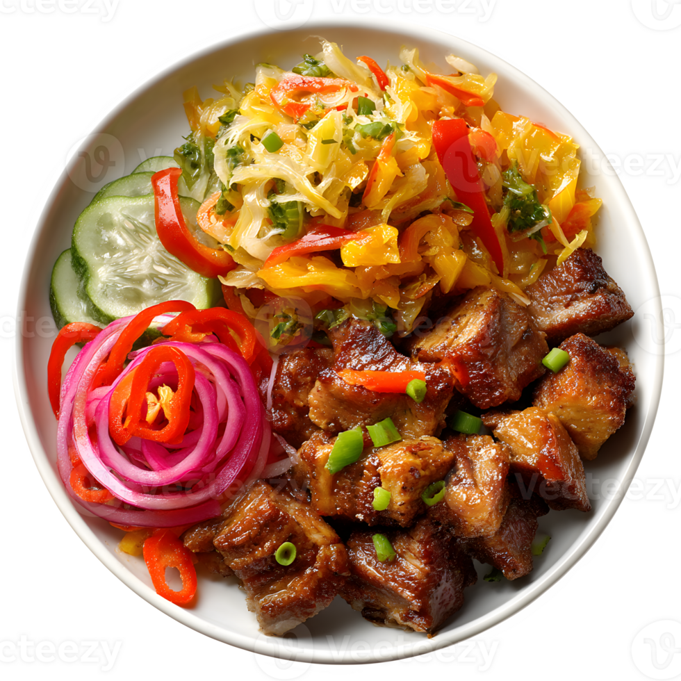 Delicious Asian-inspired meal featuring savory meat cubes, vibrant vegetable slaw, and pickled onions png