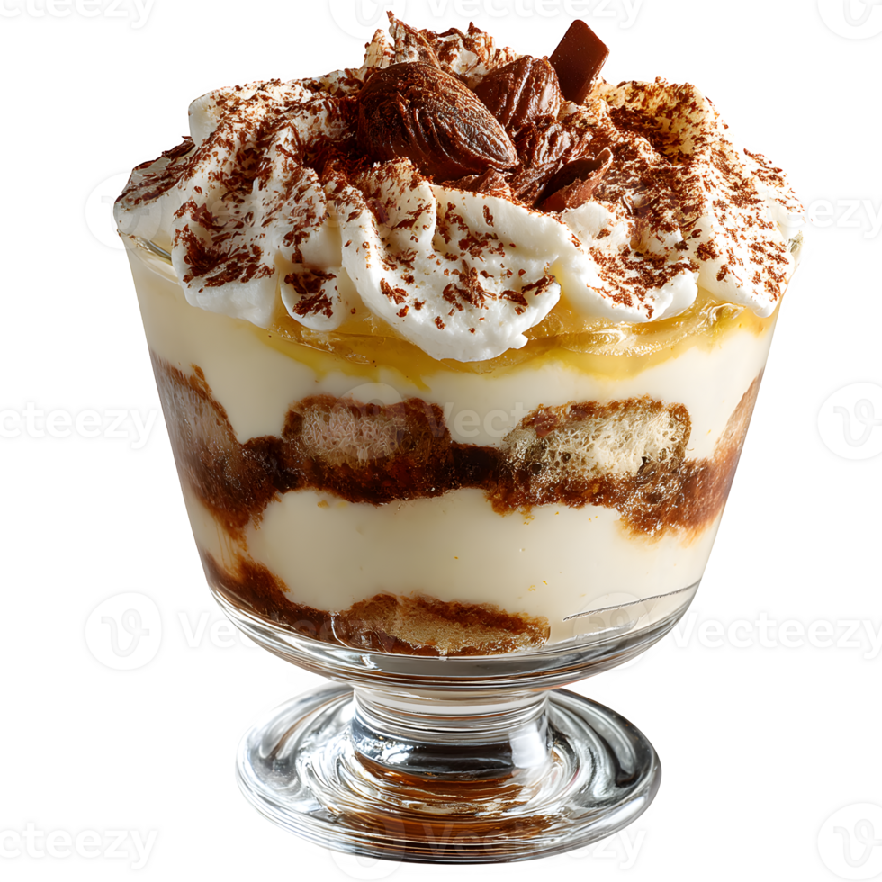 Delicious Tiramisu Dessert in Glass Bowl Creamy Layers Coffee Flavored Sweet Treat png