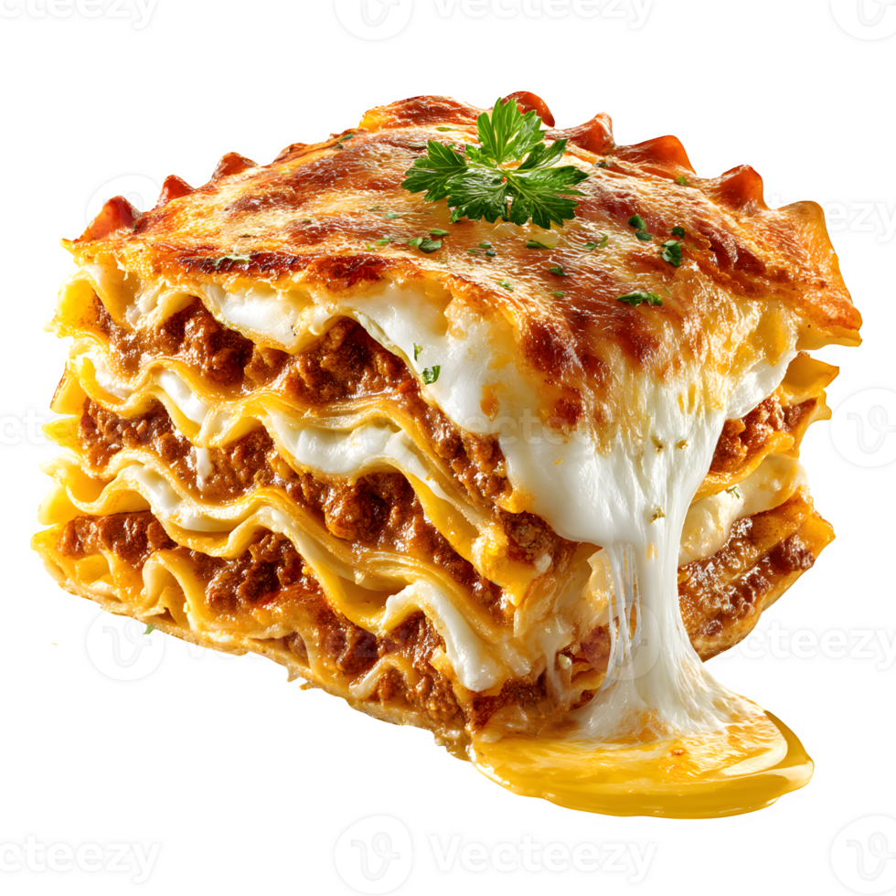 Delicious Lasagna Slice with Melted Cheese and Parsley Garnish A Perfect Italian Dish png