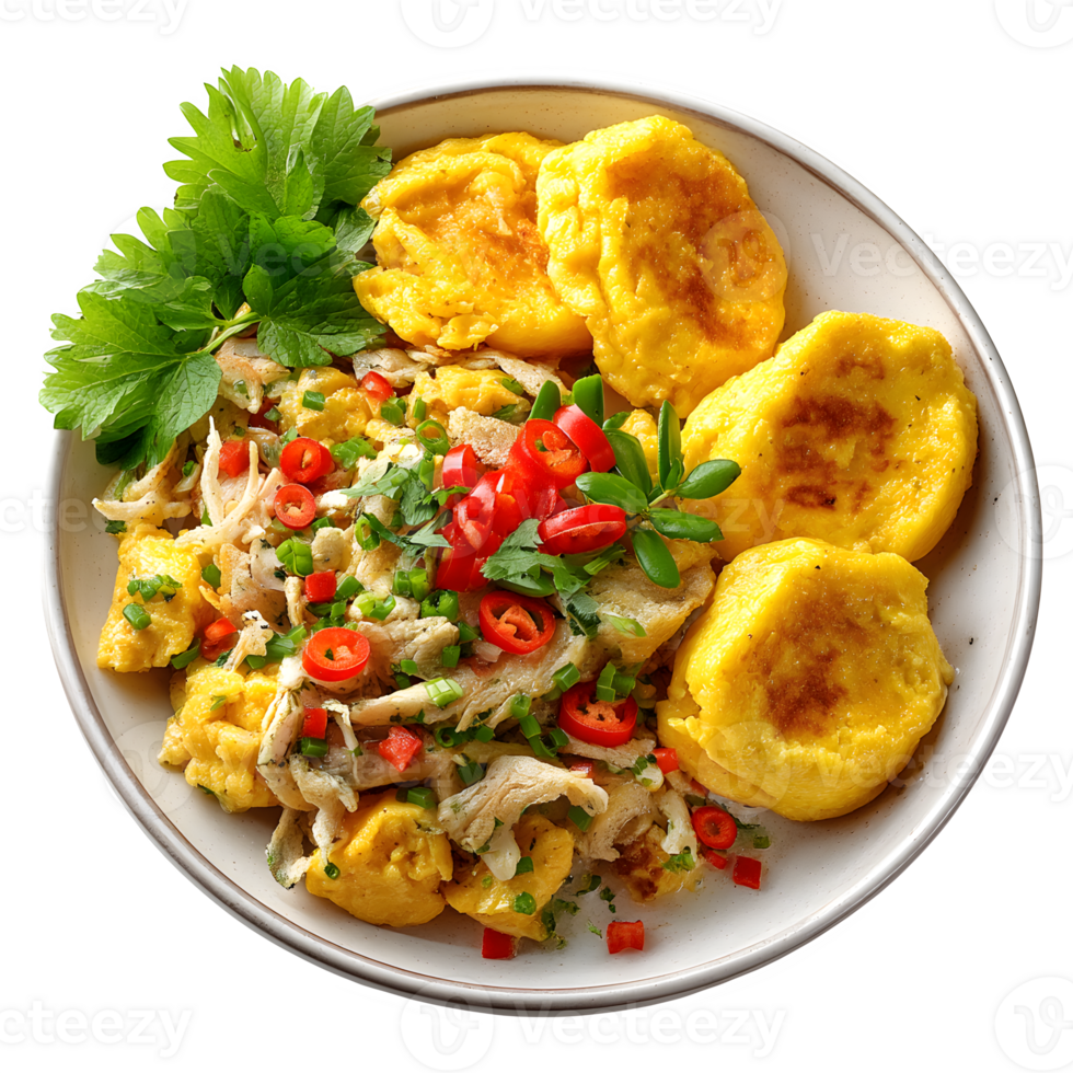 Delicious Scrambled Eggs with Chicken and Fluffy Pancakes a savory breakfast dish png