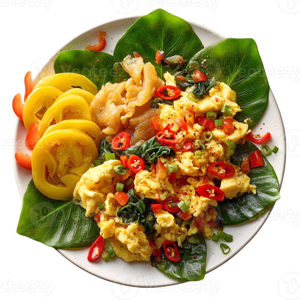 Delicious Scrambled Eggs with Spicy Greens and Yellow Tomatoes a vibrant healthy breakfast meal png