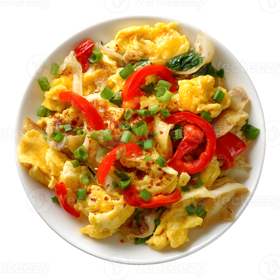 Delicious Scrambled Eggs with Red Bell Peppers and Green Onions Healthy Breakfast Dish png