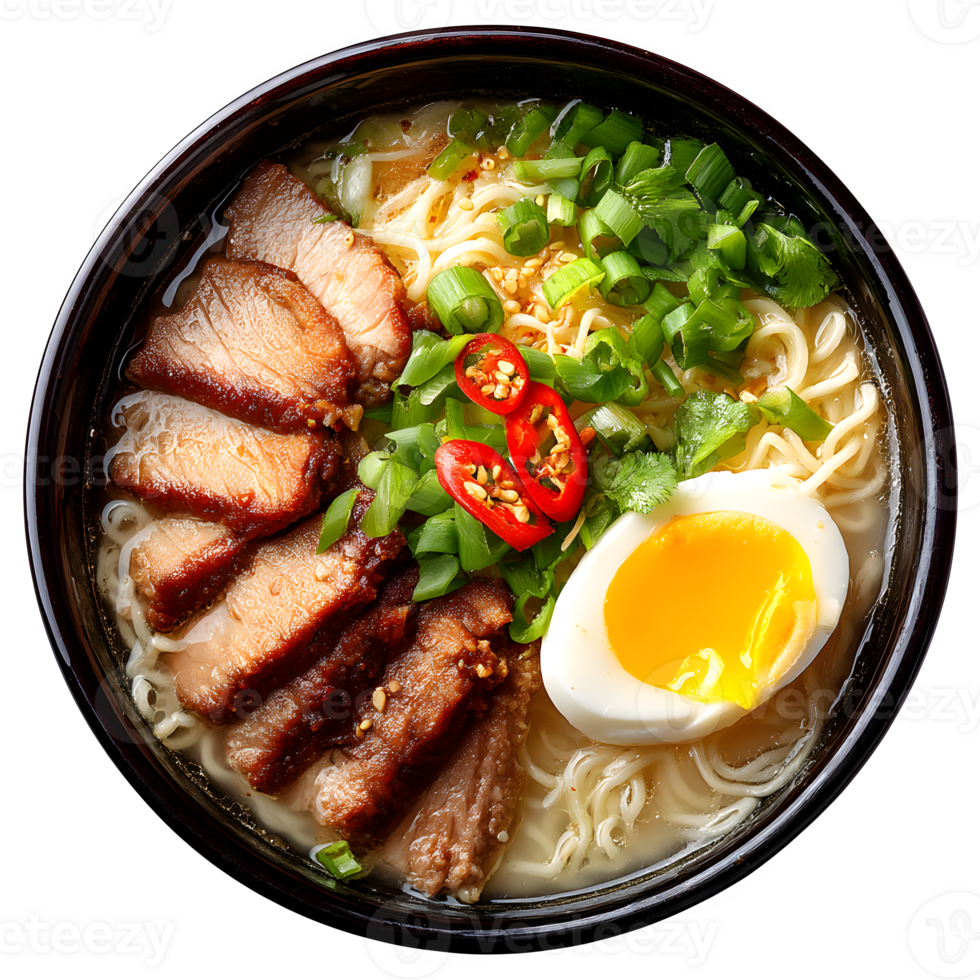 Delicious Ramen Noodle Soup with Pork Slices, Soft Boiled Egg and Fresh Herbs png