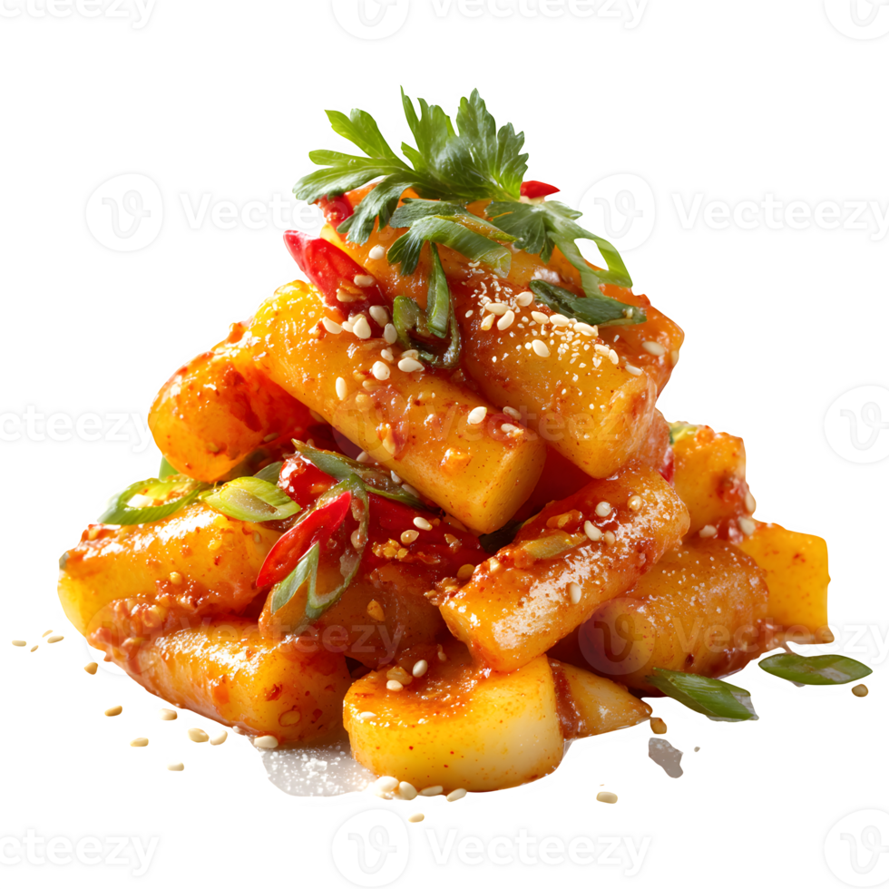 Delicious Spicy Tteokbokki Korean Street Food Dish with Sesame Seeds and Chili Peppers png