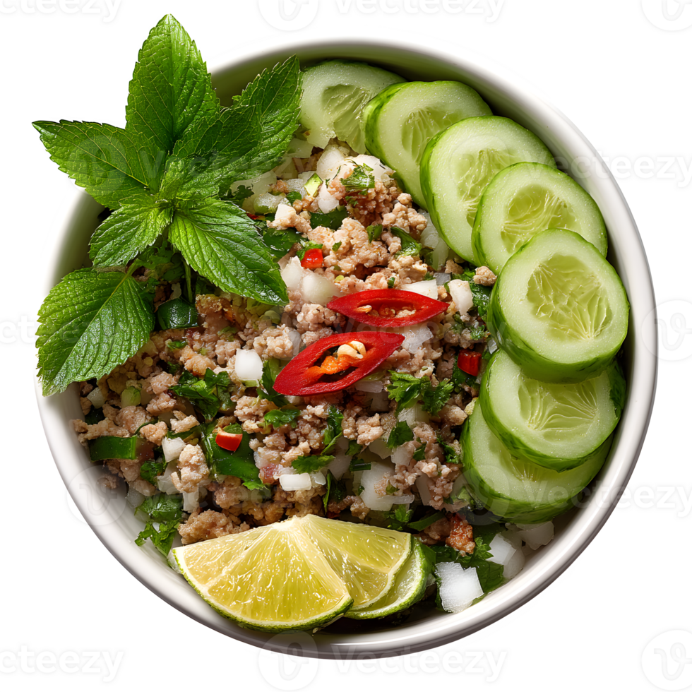 Delicious Thai Larb Salad Recipe featuring Ground Meat Cucumber Mint and Lime png
