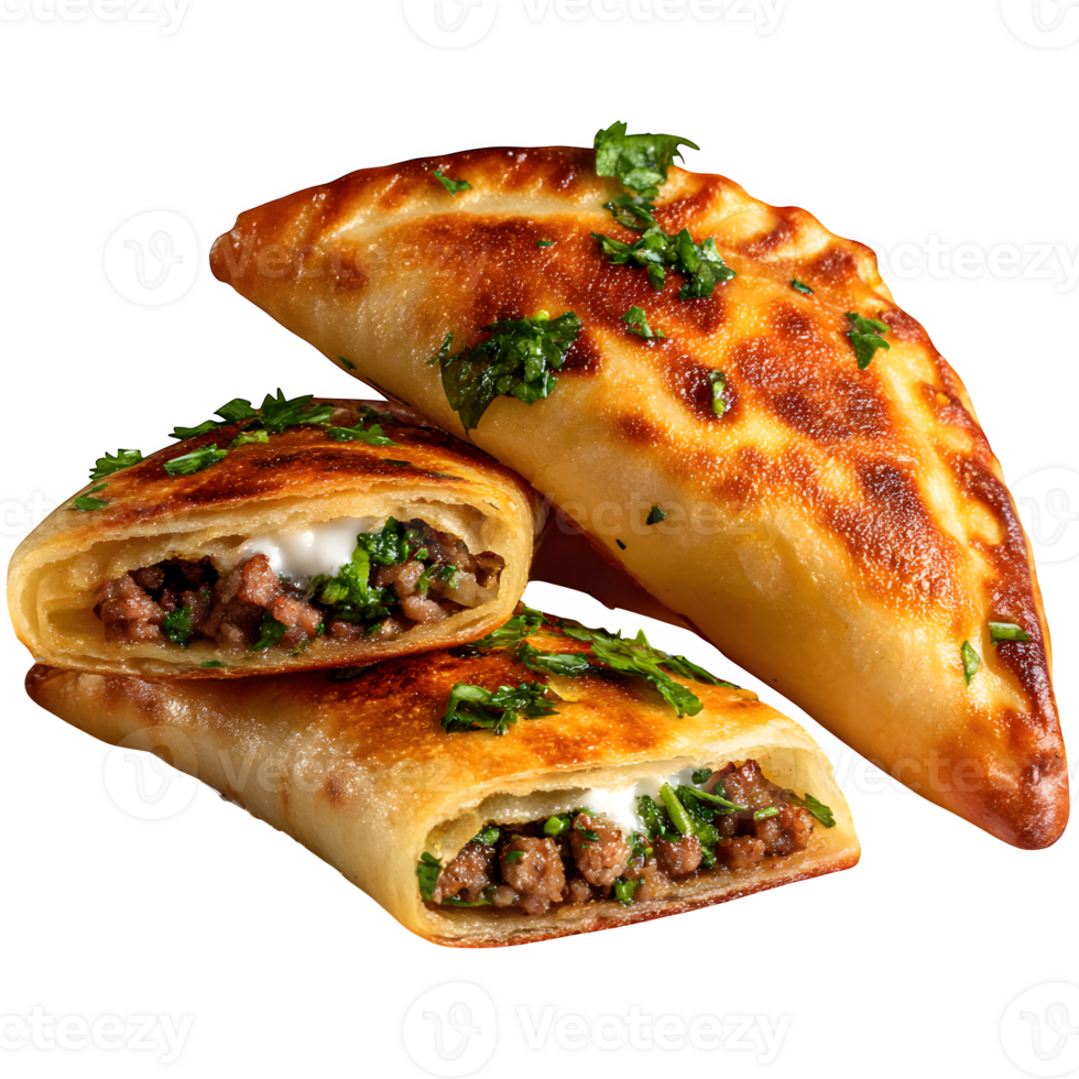 Savory Ground Beef Empanadas with Parsley Garnish, Delicious Baked Pastry png