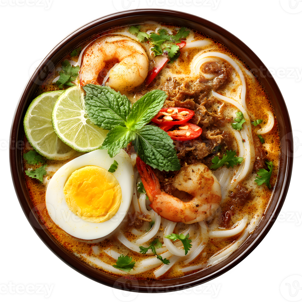 Delicious Laksa Soup with Shrimp Egg Noodles Lime and Mint Garnish png