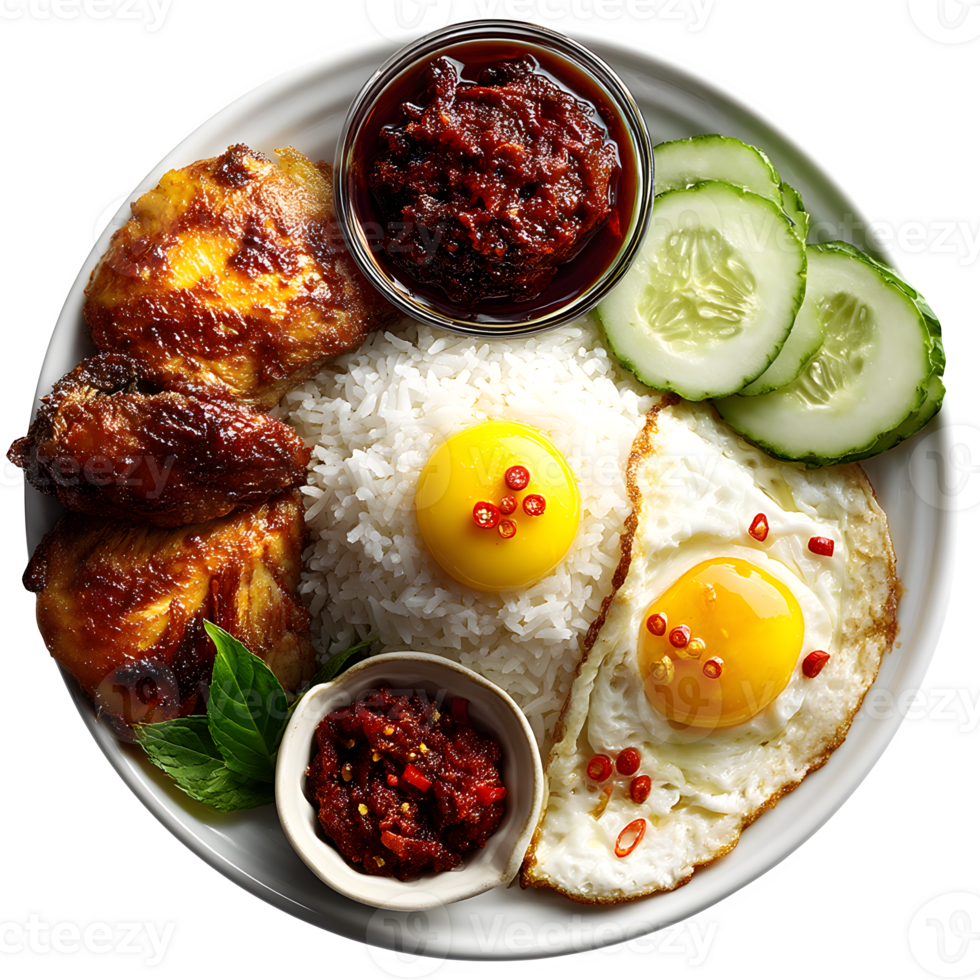 A plate of food with rice, eggs, and vegetables png