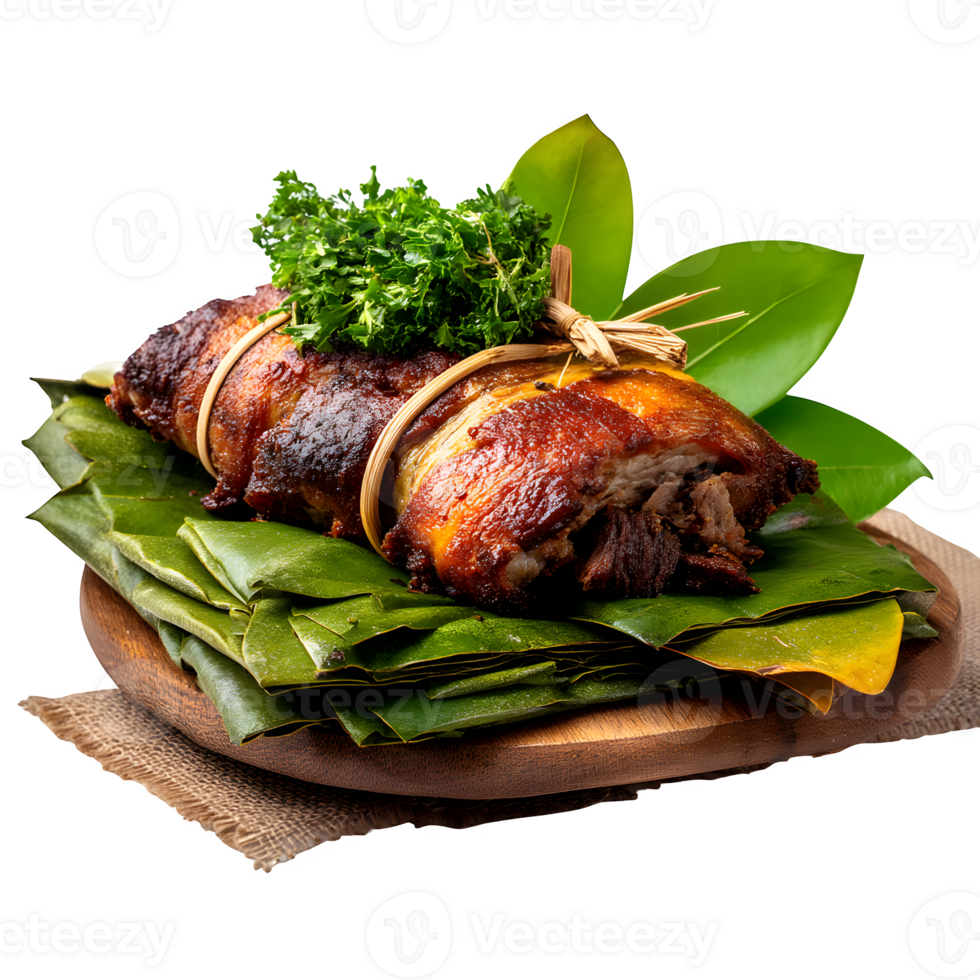 Roasted meat dish served on banana leaves, garnished with fresh herbs, a delicious culinary delight. png