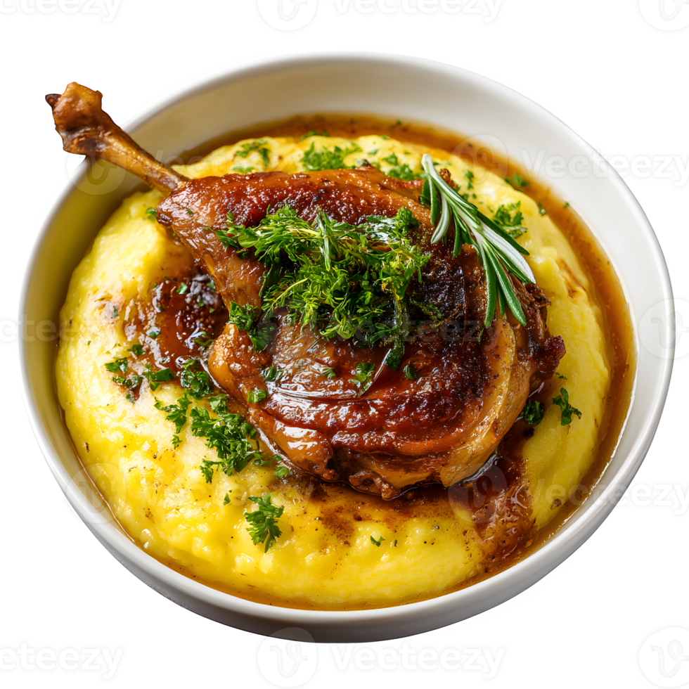 Delicious Roasted Duck Leg with Creamy Mashed Potato and Herb Garnish png