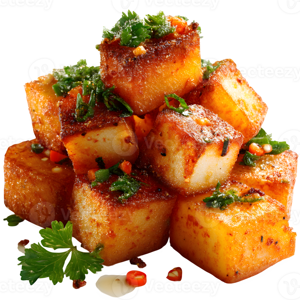 Crispy Roasted Potato Cubes with Herb Garnish A delicious food photography of seasoned potato cubes png