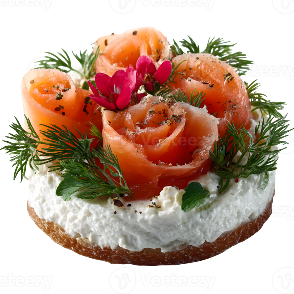 Elegant Smoked Salmon Roses on Cream Cheese Bagel Appetizer png