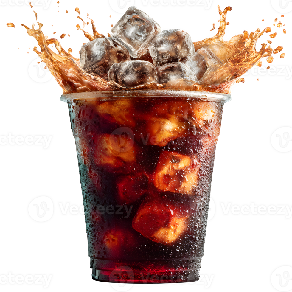 Refreshing Iced Coffee Drink in Plastic Cup with Ice Cubes and Splash png