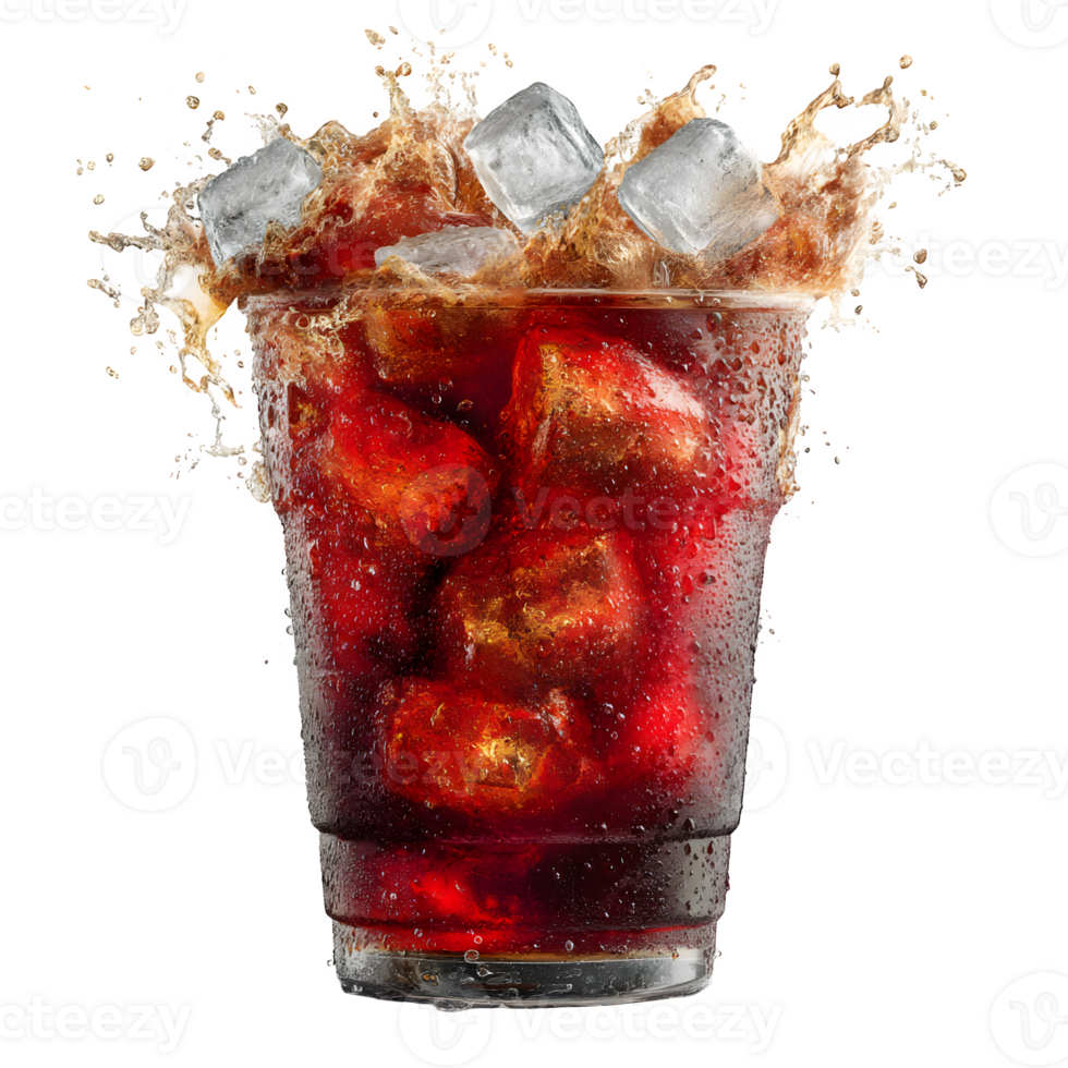 Refreshing Cola Drink with Ice Cubes Splashing in a Plastic Cup png