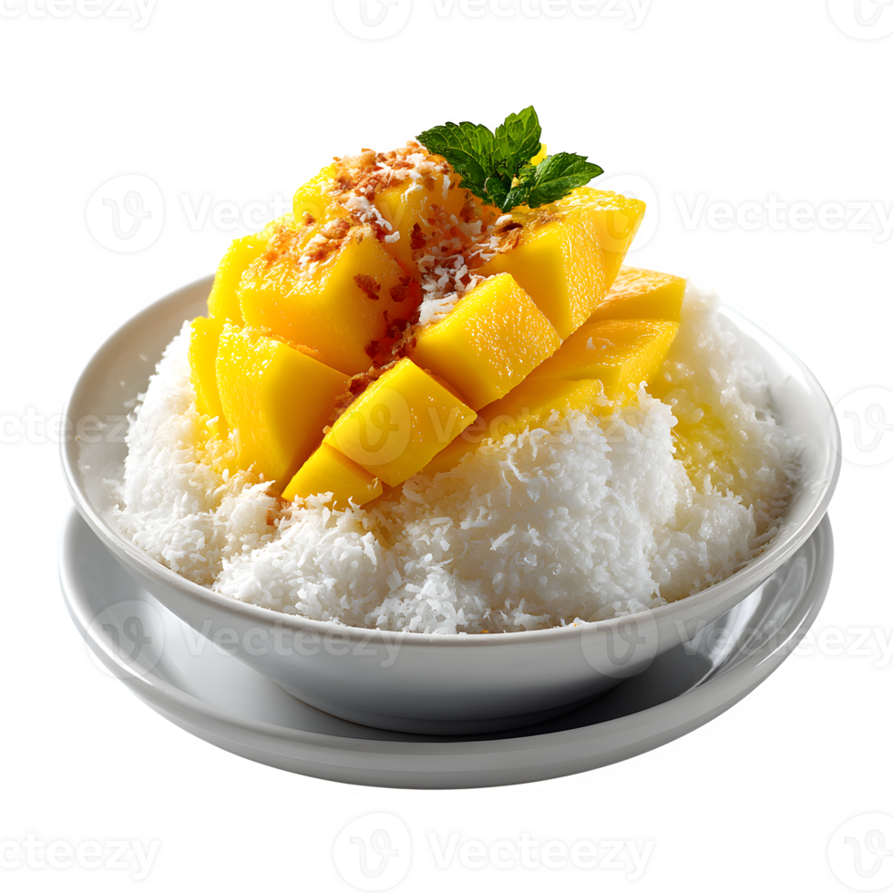 Delicious Mango Shaved Ice Dessert with Coconut Flakes and Toppings png