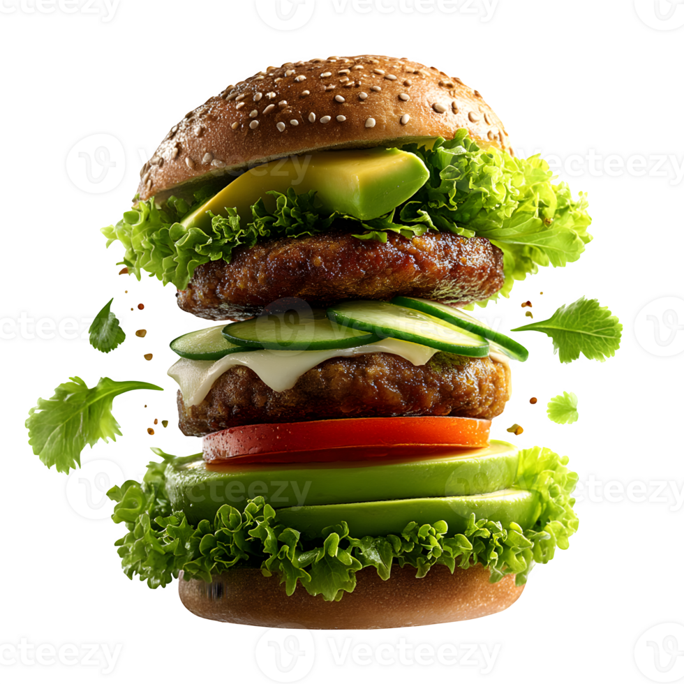 Delicious Double Burger with Avocado Lettuce Tomato Cucumber and Sesame Bun png