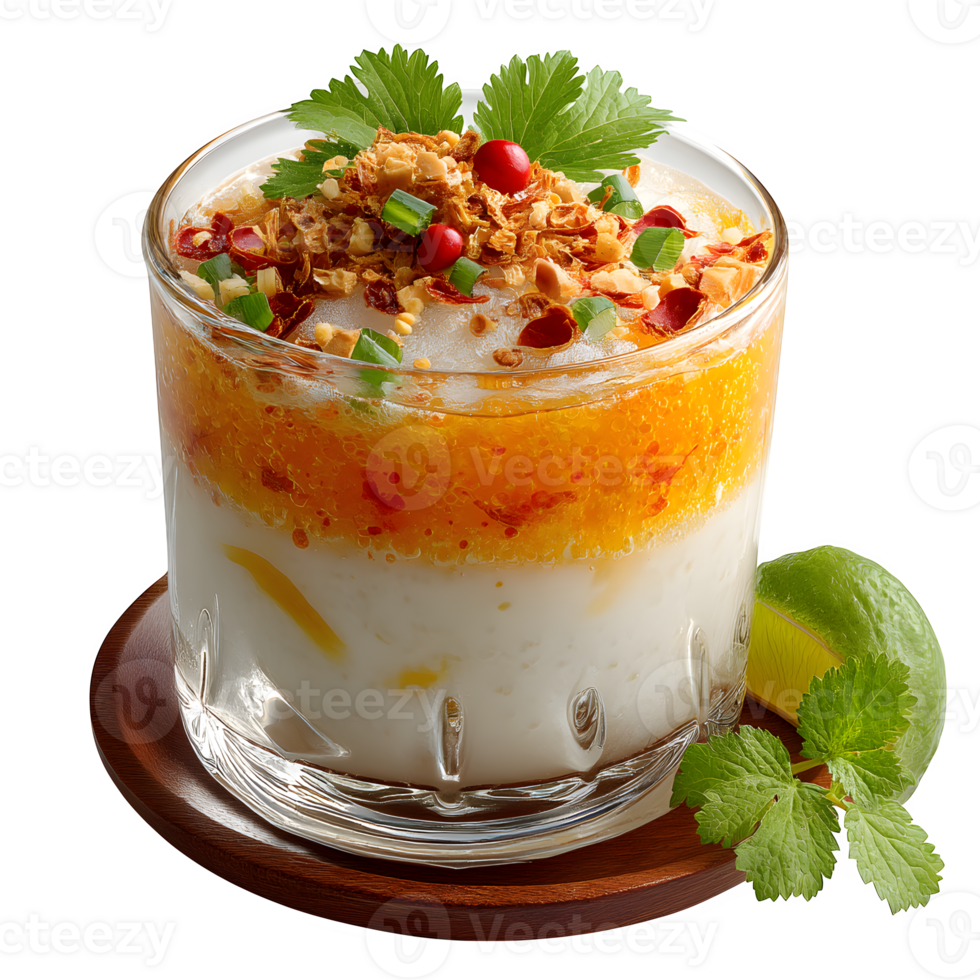 Delicious Thai dessert in glass with coconut milk, mango, chili flakes, and herbs png