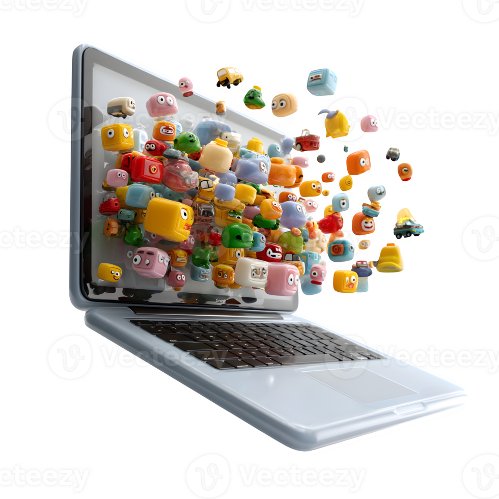 A laptop computer with many colorful objects coming out of it png