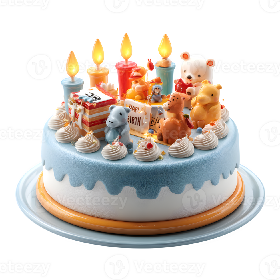 A birthday cake with candles and animals on it png