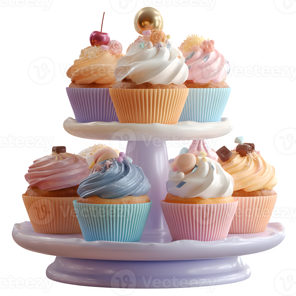 A three tiered cake stand with cupcakes on it png