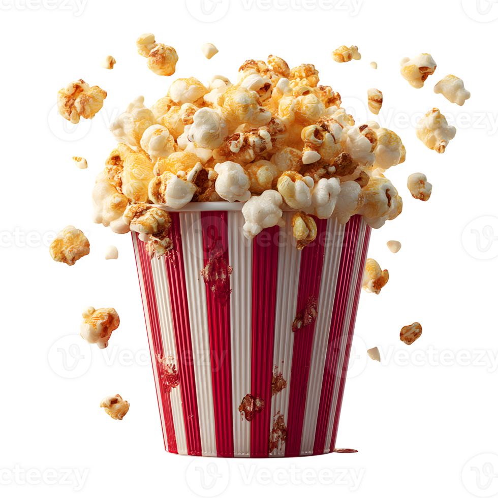 A bucket of popcorn with a red and white striped lid png