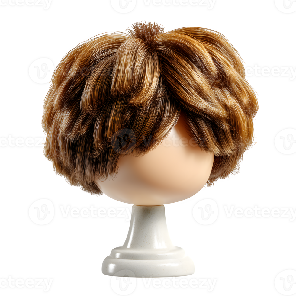 A wig with brown hair on a white base png