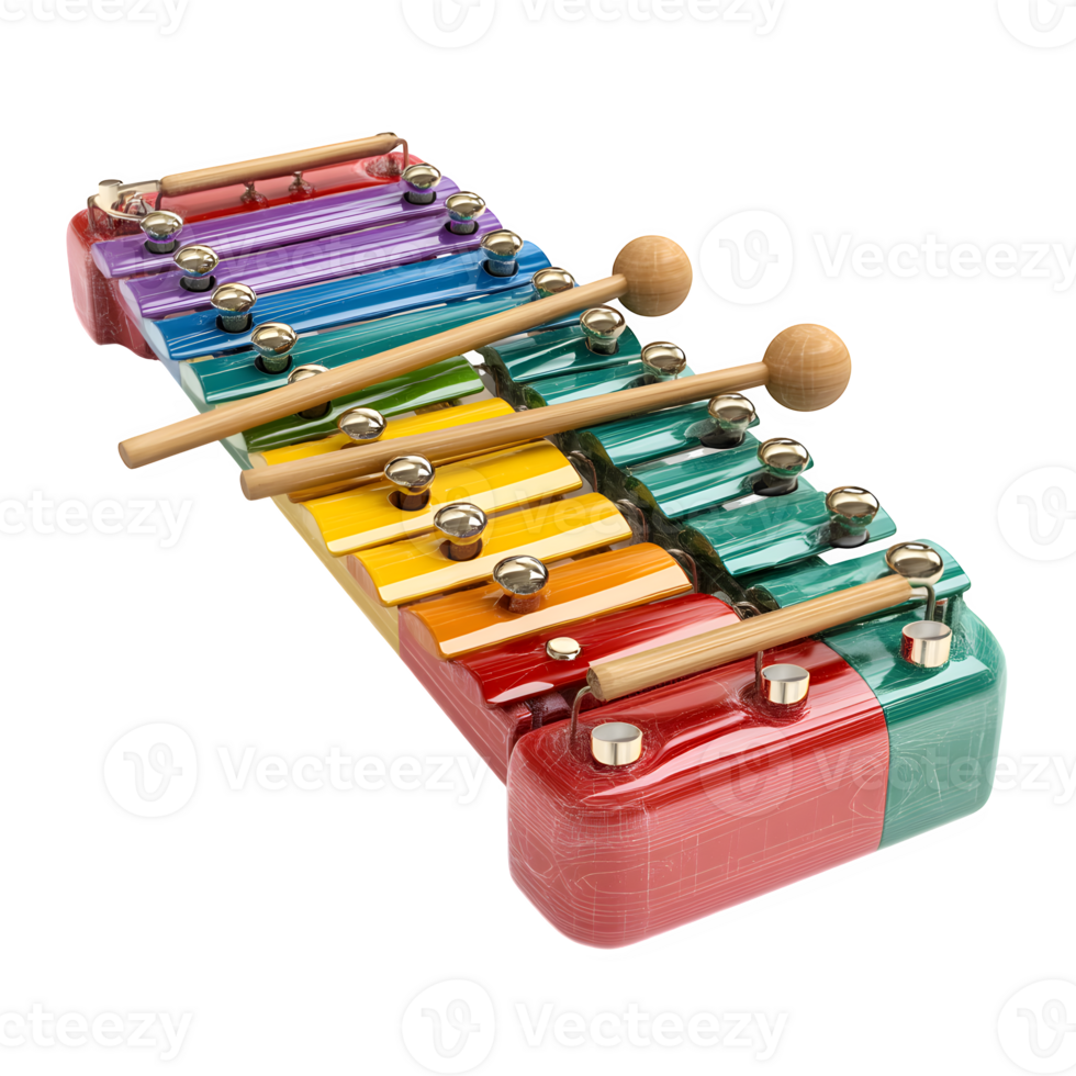 A colorful xylophone with wooden sticks and mallets png
