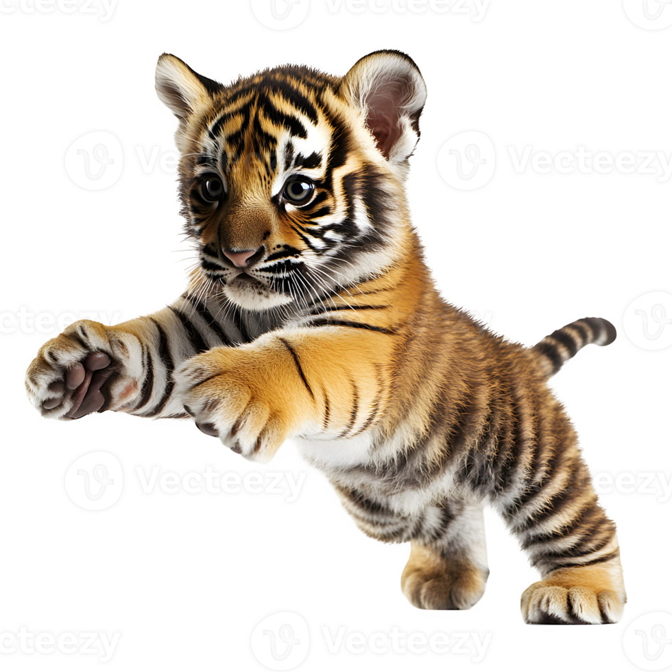 Adorable Tiger Cub Leaping Playfully on White Background Wildlife Animal Nature Cute Baby Bengal Tiger png