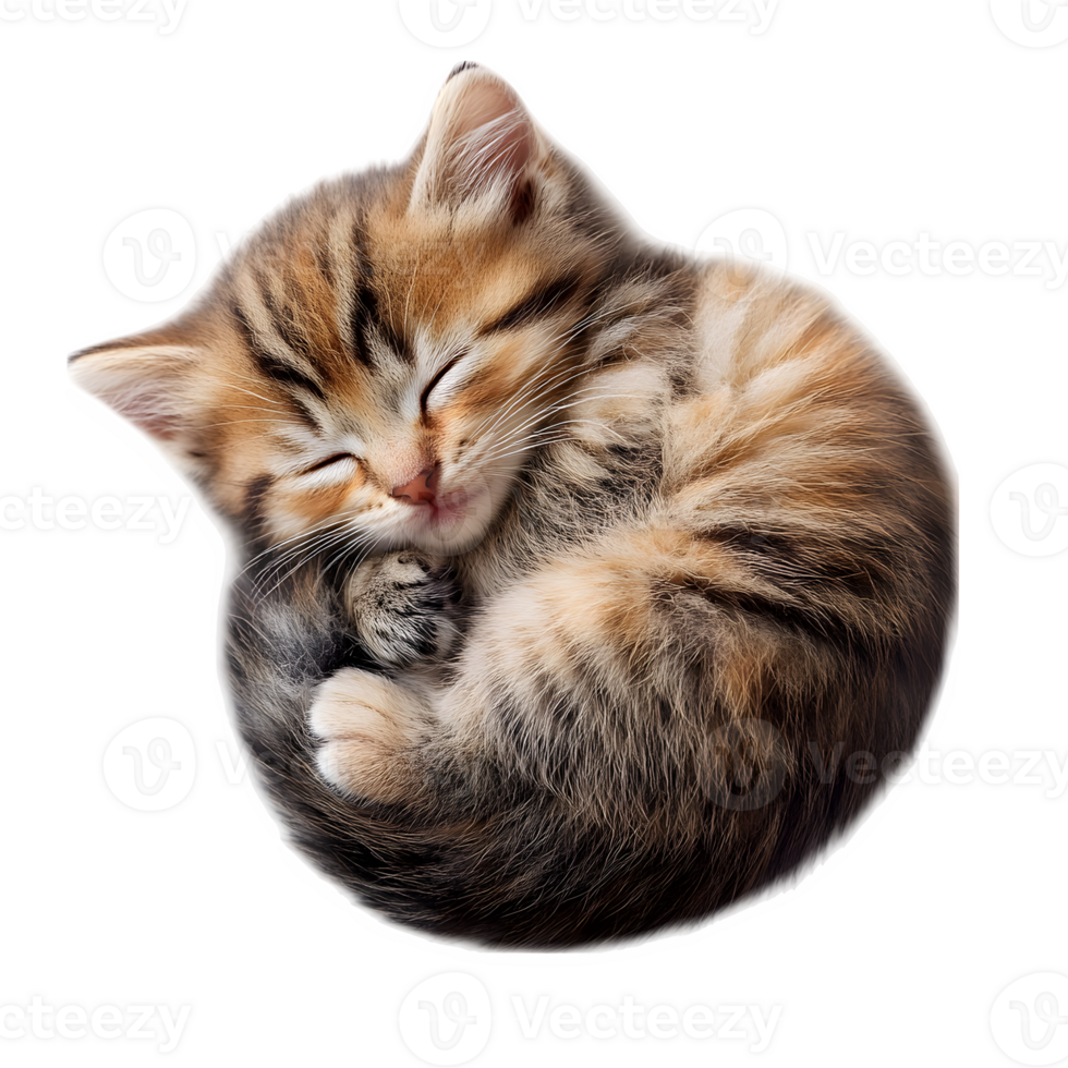 Adorable Kitten Sleeping Curled Up Peaceful Pet Cat Animal Fluffy Fur Brown Tabby Sweet Dream png