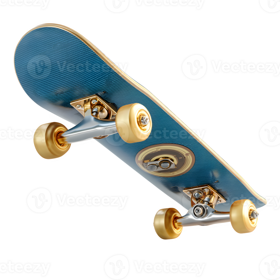 Stylish Teal Skateboard with Gold Trucks Soaring in Mid-Air against a White Background, Perfect for Sporty Designs png