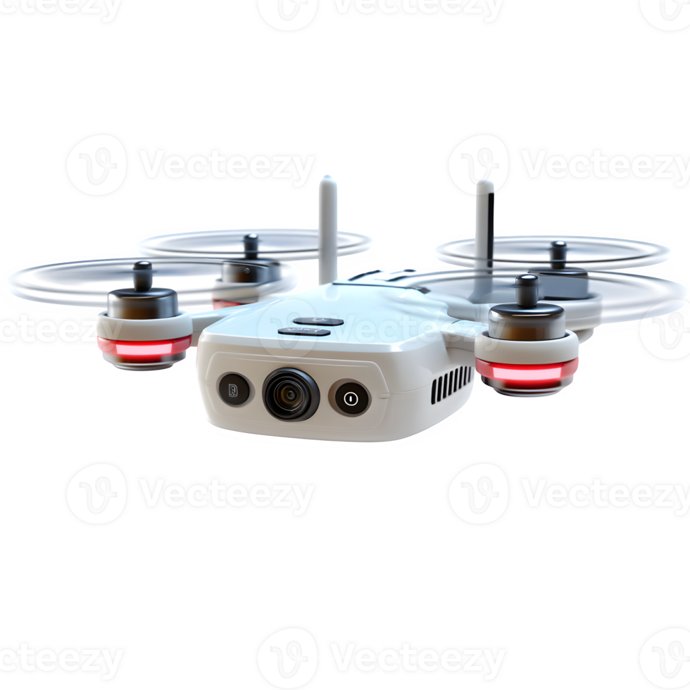 Modern white drone with camera hovering against a clean background showcasing its advanced technology and aerial capabilities. png