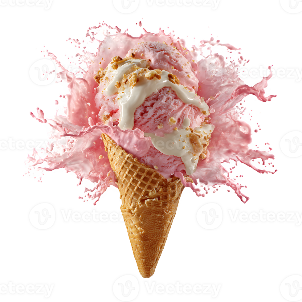 Delicious Strawberry Ice Cream Cone Splashing in a Creamy Dreamy Dessert Delight png