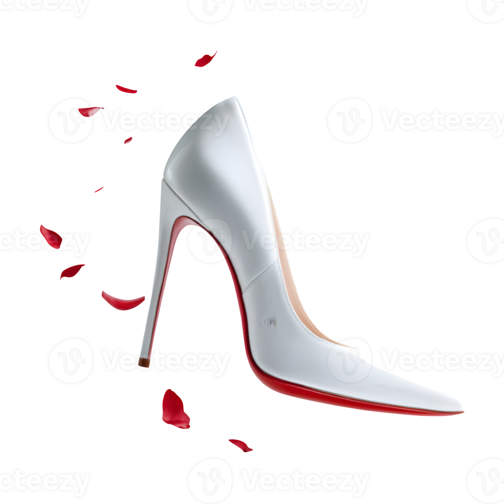 Elegant White High Heel Shoe with Red Sole and Falling Rose Petals A Stunning Fashion Accessory png
