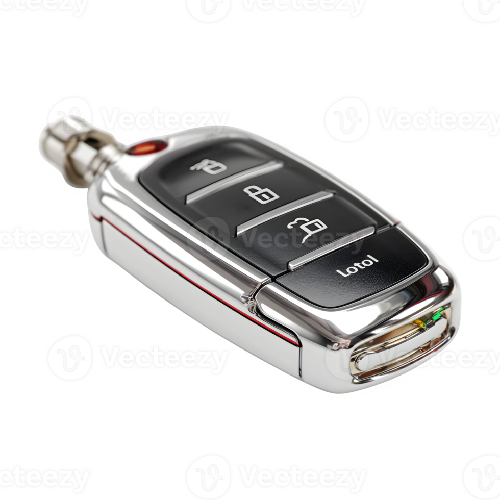 Sleek Modern Car Key Remote with Chrome Finish and Buttons for Locking, Unlocking, and Trunk Access png