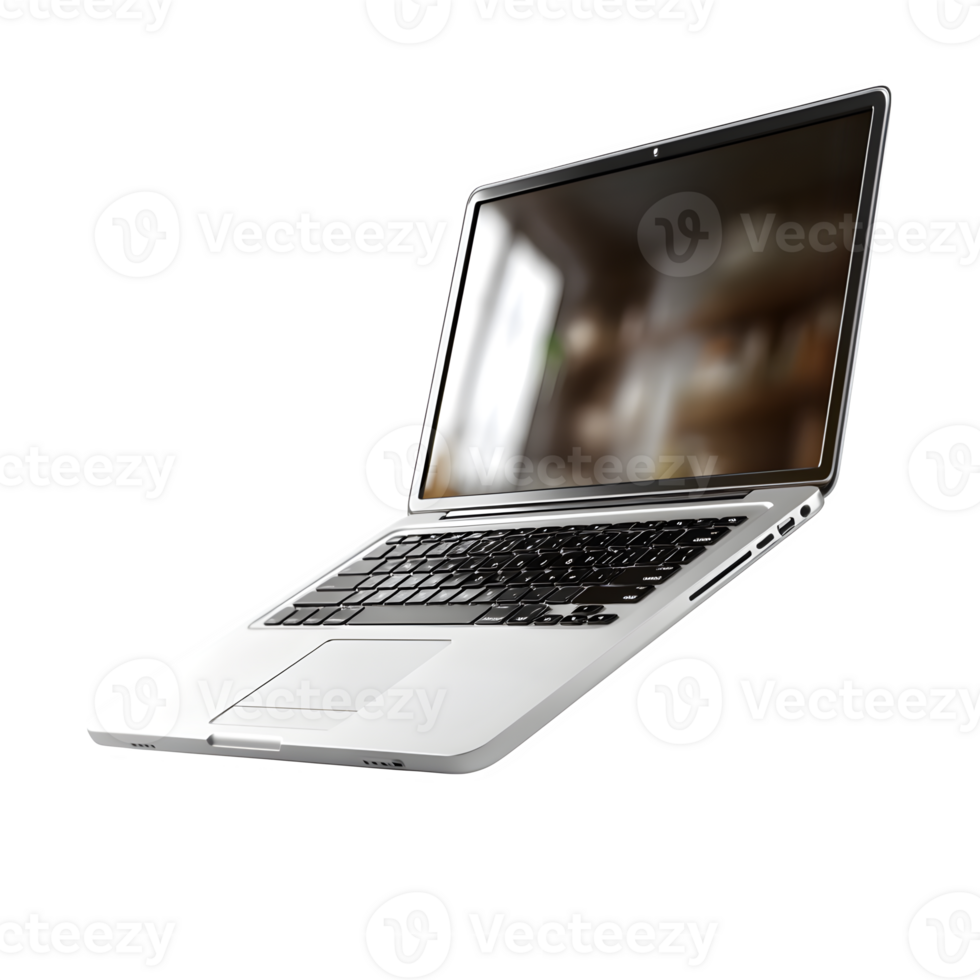 Sleek silver laptop computer hovering against a white background showcasing modern technology and design. png