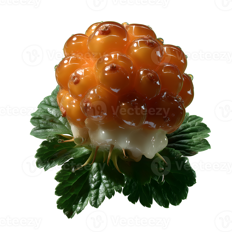 Ripe Cloudberry on Green Leaf Closeup Shot High Resolution Botanical Photography png