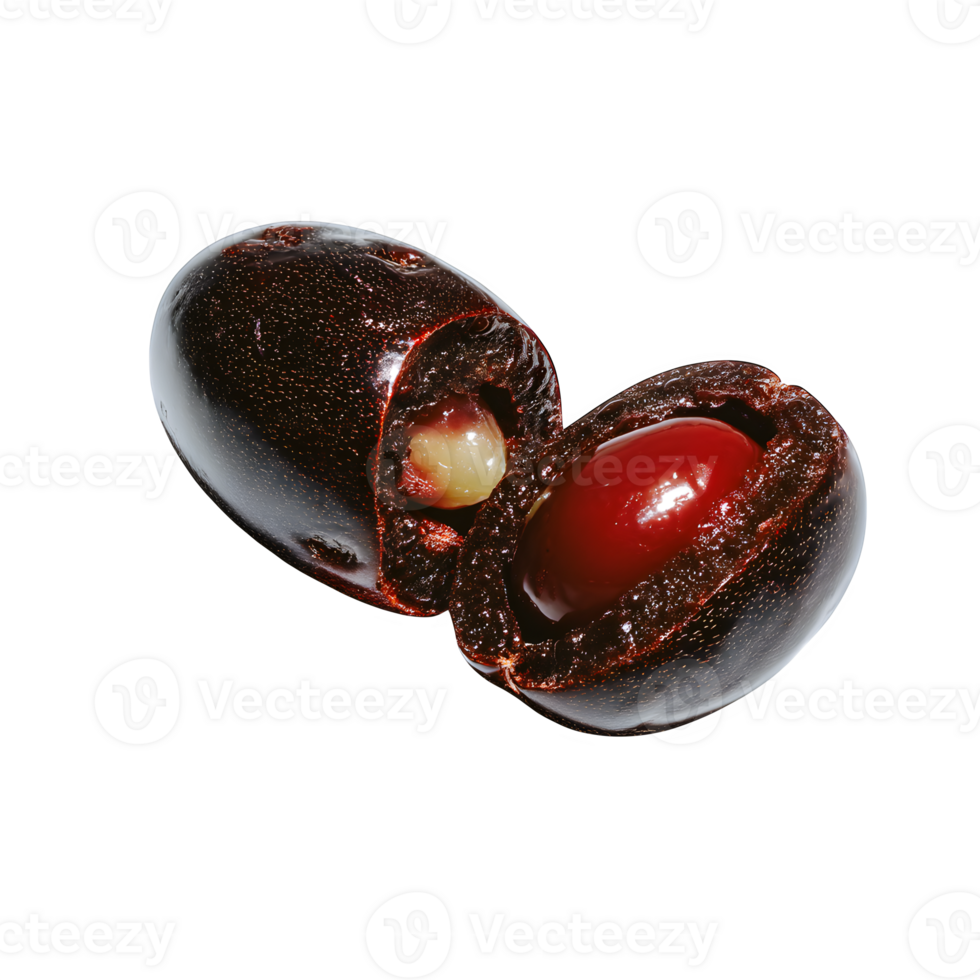 Closeup of a halved dark-red fruit showcasing its seed and vibrant interior against a white backdrop. png