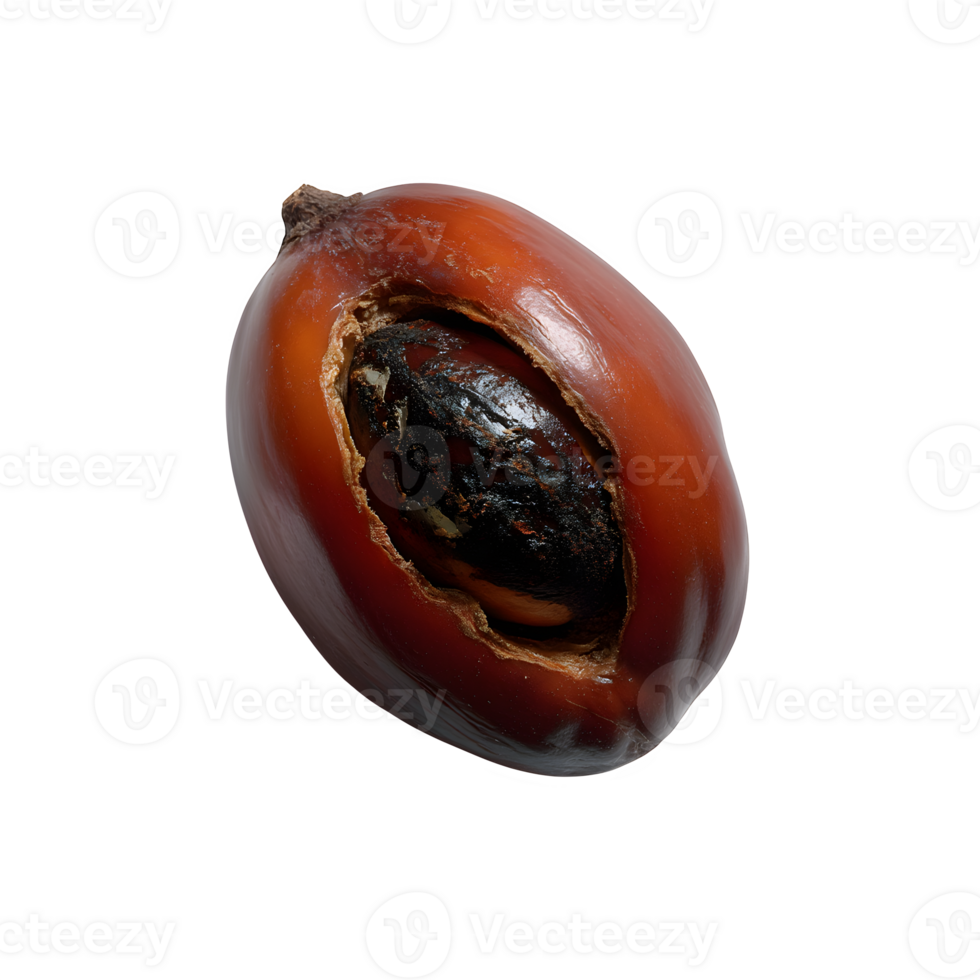 Close-up of a ripe palm fruit revealing its dark kernel rich in oil used for cooking and cosmetics. png