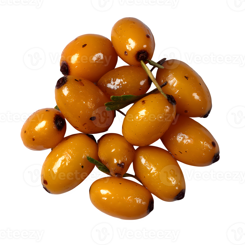 Close-up of whole sea buckthorn berries showcasing their vibrant orange color and unique texture perfect for food blogs recipes and health websites png