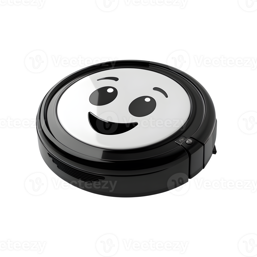 Happy Robot Vacuum Cleaner with Smiley Face Design for Smart Home Cleaning png