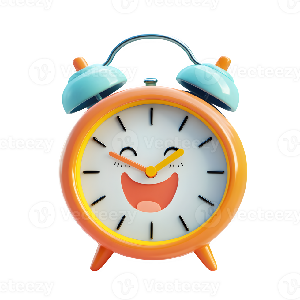 Cheerful cartoon alarm clock design features a smiling face timepiece perfect for kids rooms home decor and playful website backgrounds png
