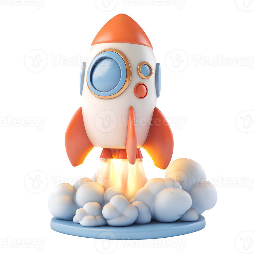 Adorable cartoon rocket launching upward against a white background ideal for children's books, websites, or apps. png