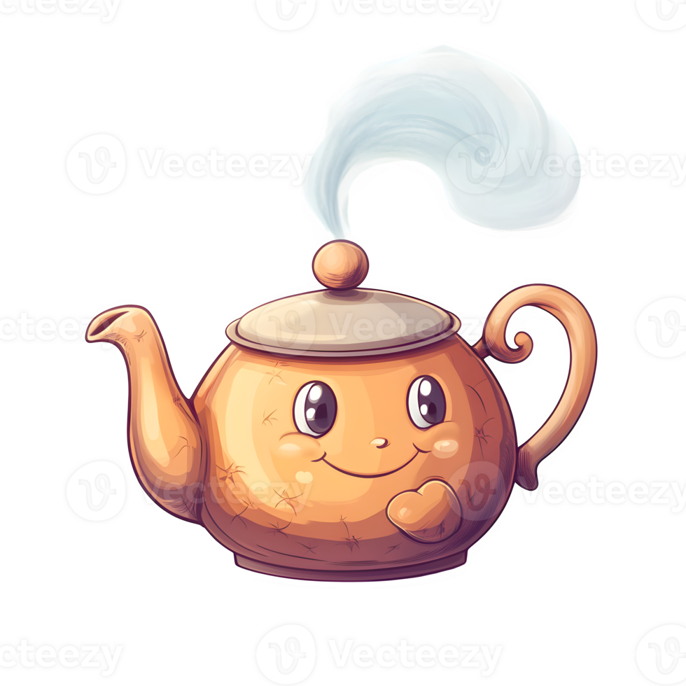 Delightful cartoon teapot illustration with a cheerful face and steaming spout perfect for kitchenware or tea branding. png