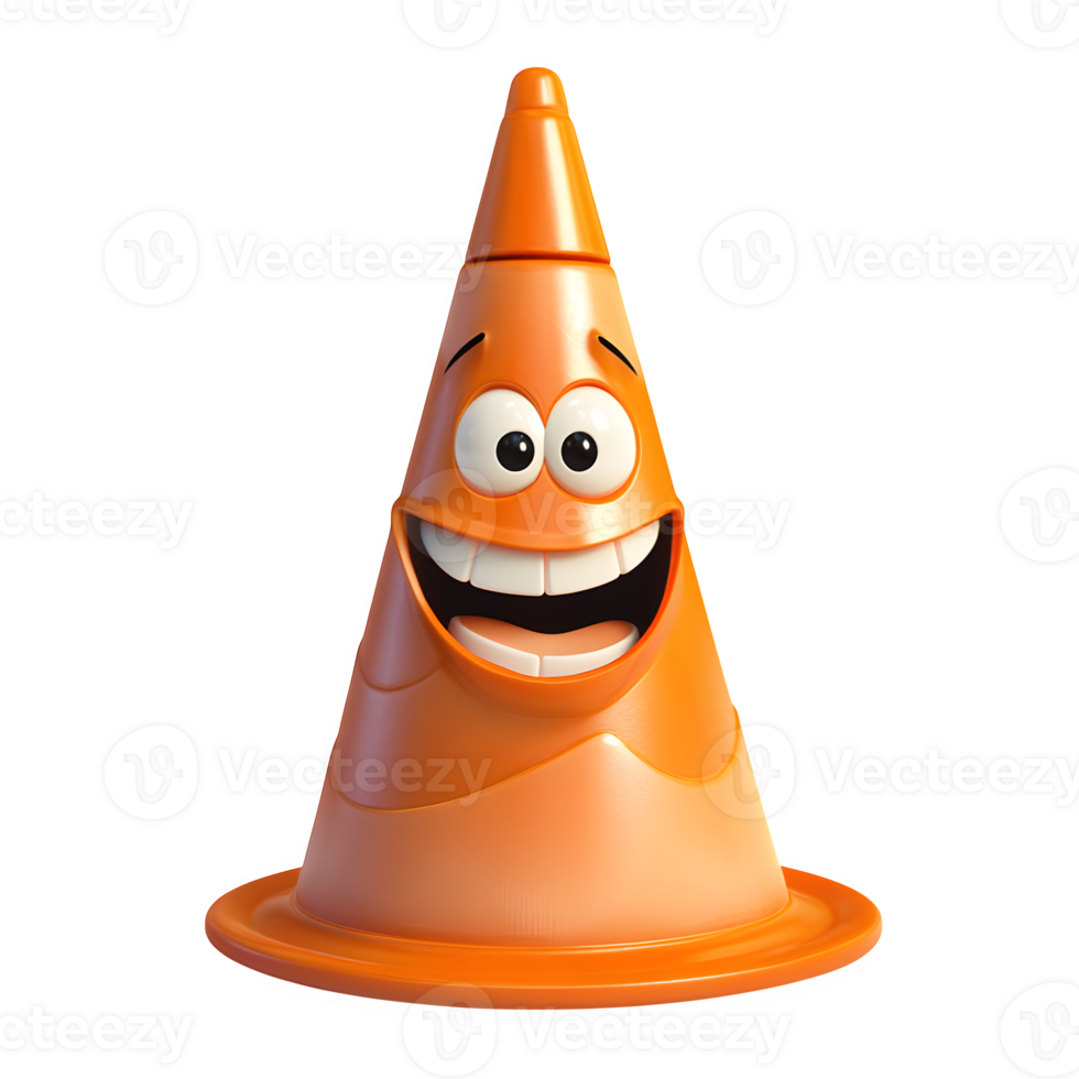 Cheerful Cartoon Traffic Cone Character with a Big Smile, 3D Rendered Illustration, Isolated on White Background png